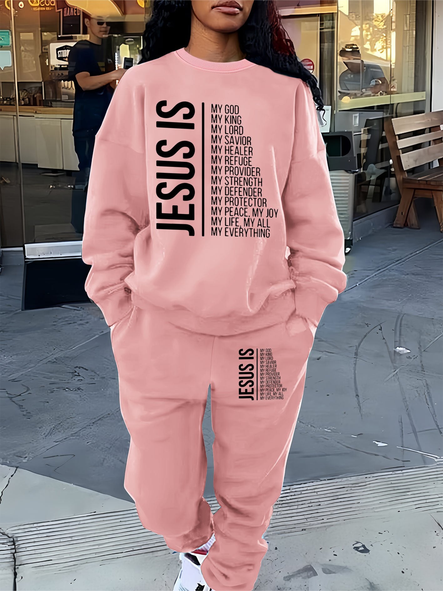 Cozy Fleece-Lined Women's Casual Letter Print Sweatshirt & Joggers Set - Machine Washable, All-Season Comfort